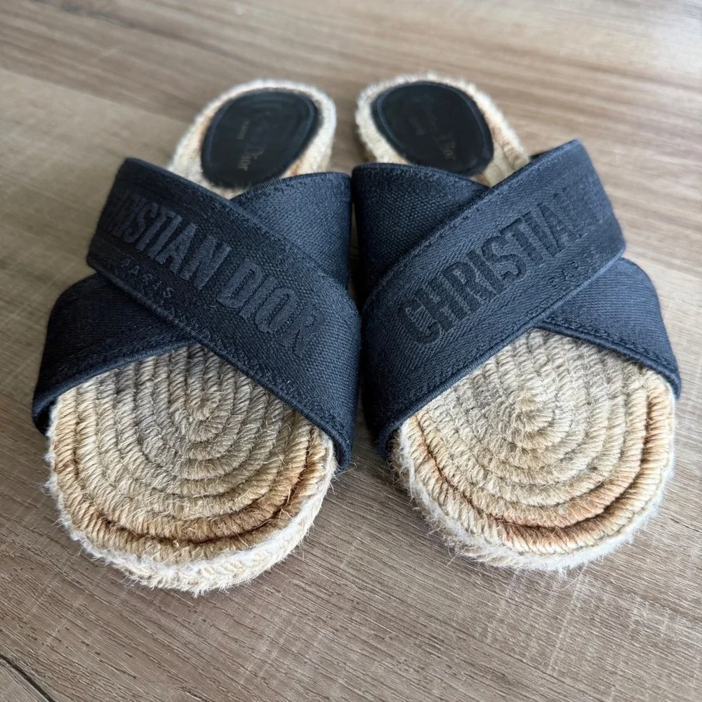 Christian Dior D-Way Espadrille Slides Black Canvas Cross Strap Sandals 37.5
